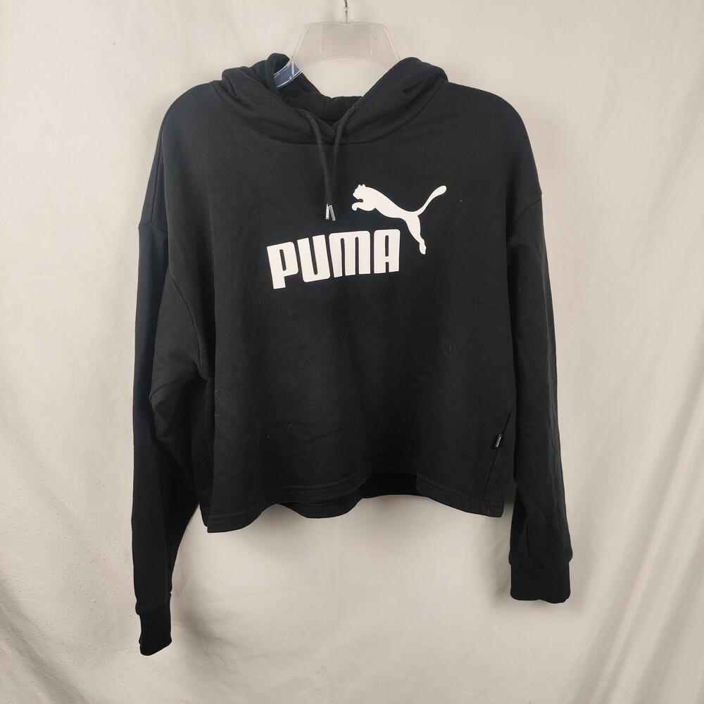 Puma Hoodie Womens Medium Black Fleece Pullover Big Logo Graphic Athletic
